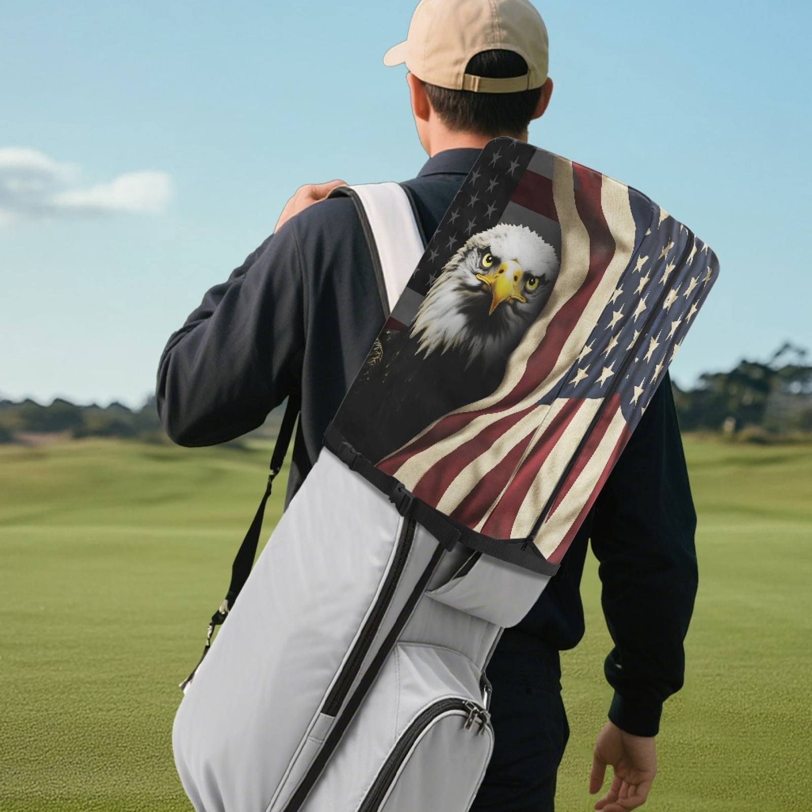 Yuyamidu Eagle Golf Bag Cover USA Flag Hood Golf Bag Umbrella for Clubs with Snap Button One Size Fit Most Stand Bags, Dust and Sun Protection