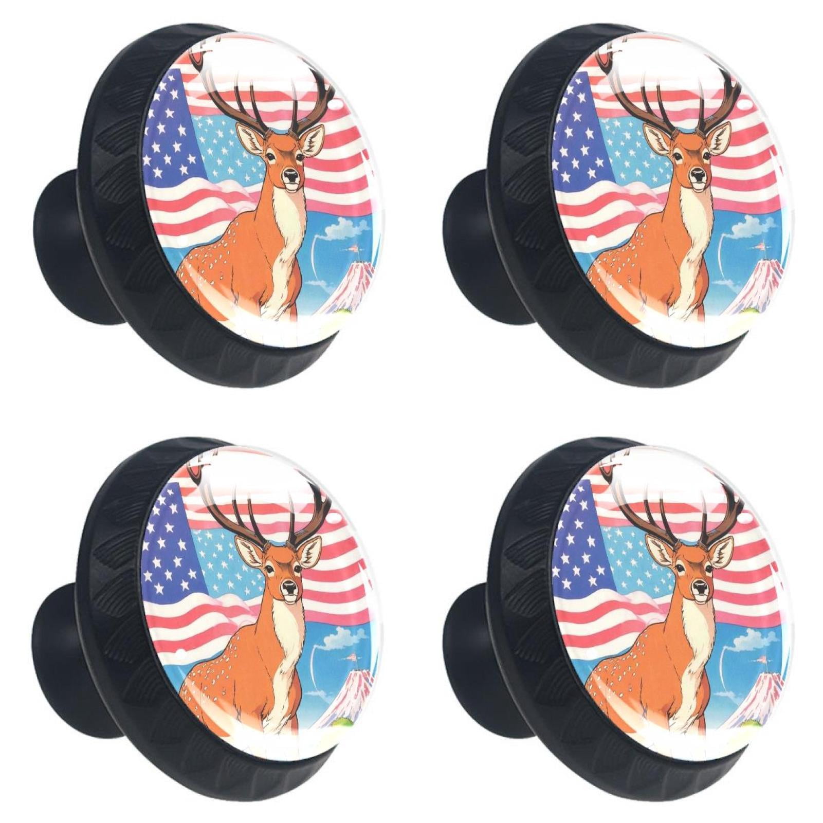 4 Pcs Deer and American Flag Knobs for Kitchen Cabinet Cupboard Dresser Bookcase Drawer Pulls Handles Round Home Decor