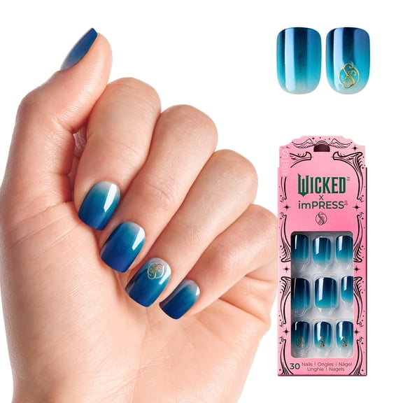 WICKED X Impress Press On Nails, ‘Welcome To Shiz’, Blue, Short Squoval, 30 Fake Nails