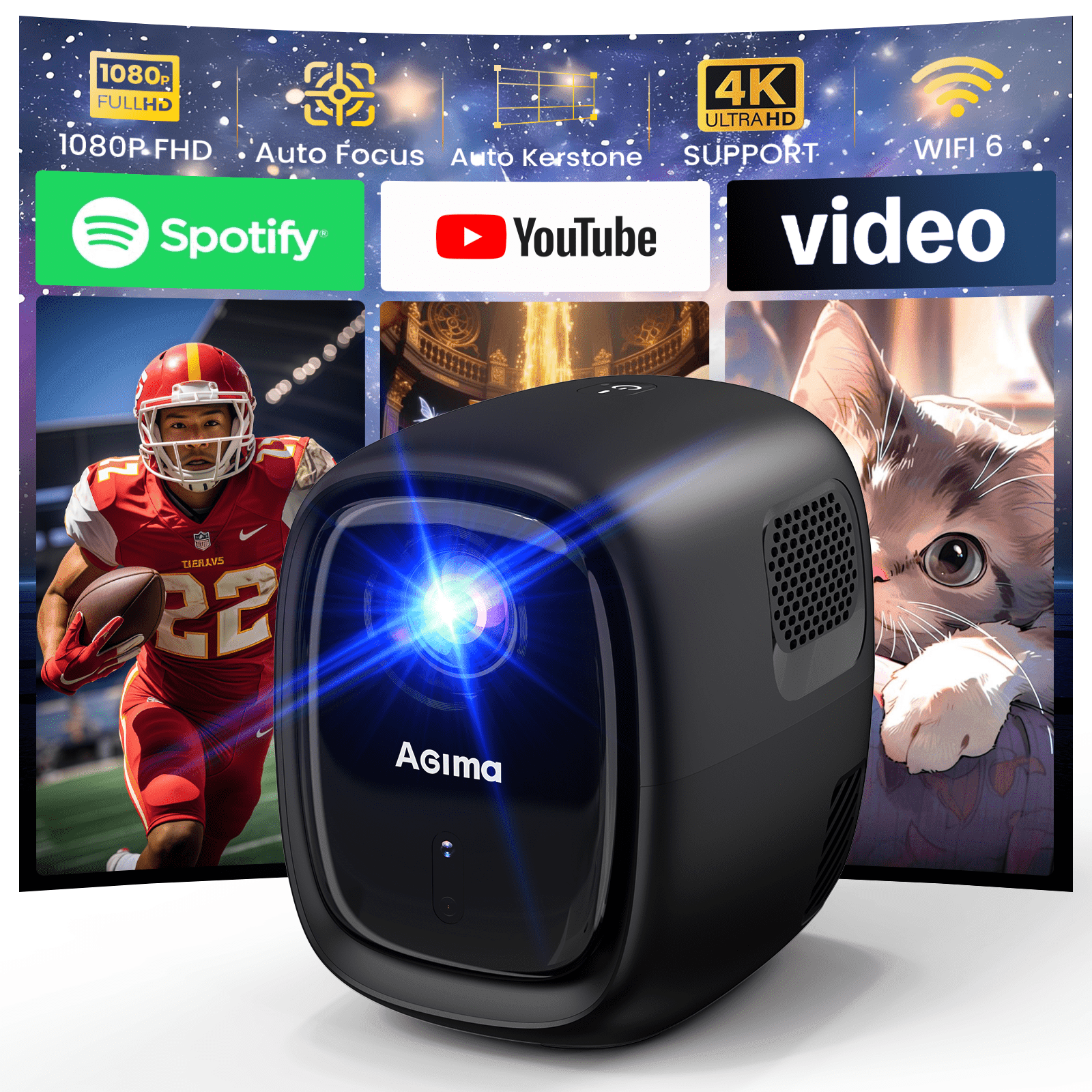 4K Projector with WiFi 6 and Bluetooth 5.4 Auto Screen Correction 1080p Native Res Built-in Apps & TV OS Stereo Speakers, Black