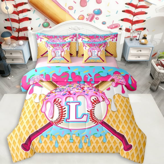 Erosebridal Ice Cream Baseball Print Twin Bedding Sets 7-Piece For Kids,Boys Sport Theme Personalized Initial L Bedding Comforter Set,Pink Reversible