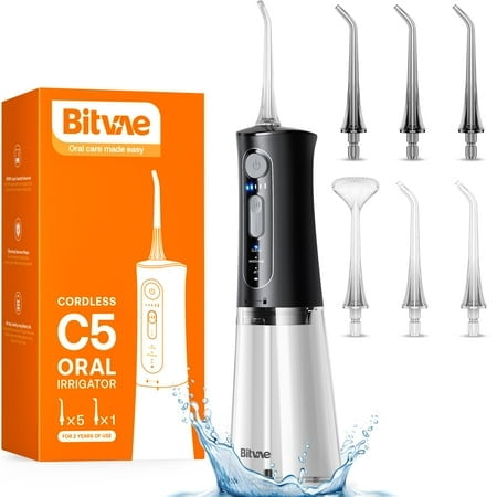 Bitvae Water Dental Flosser for Teeth, Cordless Water Teeth Cleaner Picks, 3 Modes 5 Intensities, IPX7 Waterproof Water Flosser, 6 Tips Rechargeable Water Dental Picks for Cleaning - Black