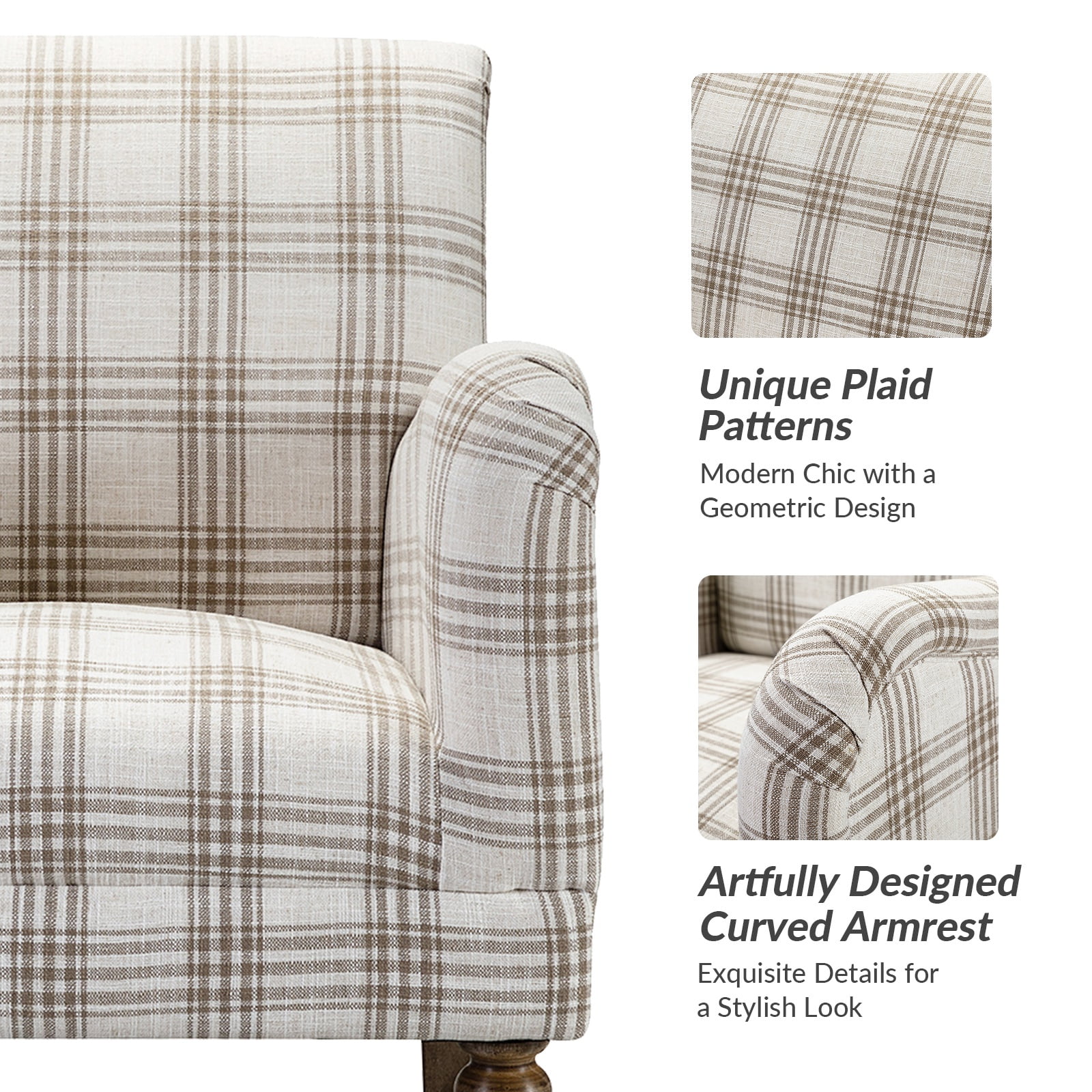 Tina's Home Farmhouse Plaid Accent Chair with Carved Wood Legs ,29.5”W Upholstered Rustic Armchair for Living Room, Bedroom or Reading Nook, GREENGUARD Certified, Tan
