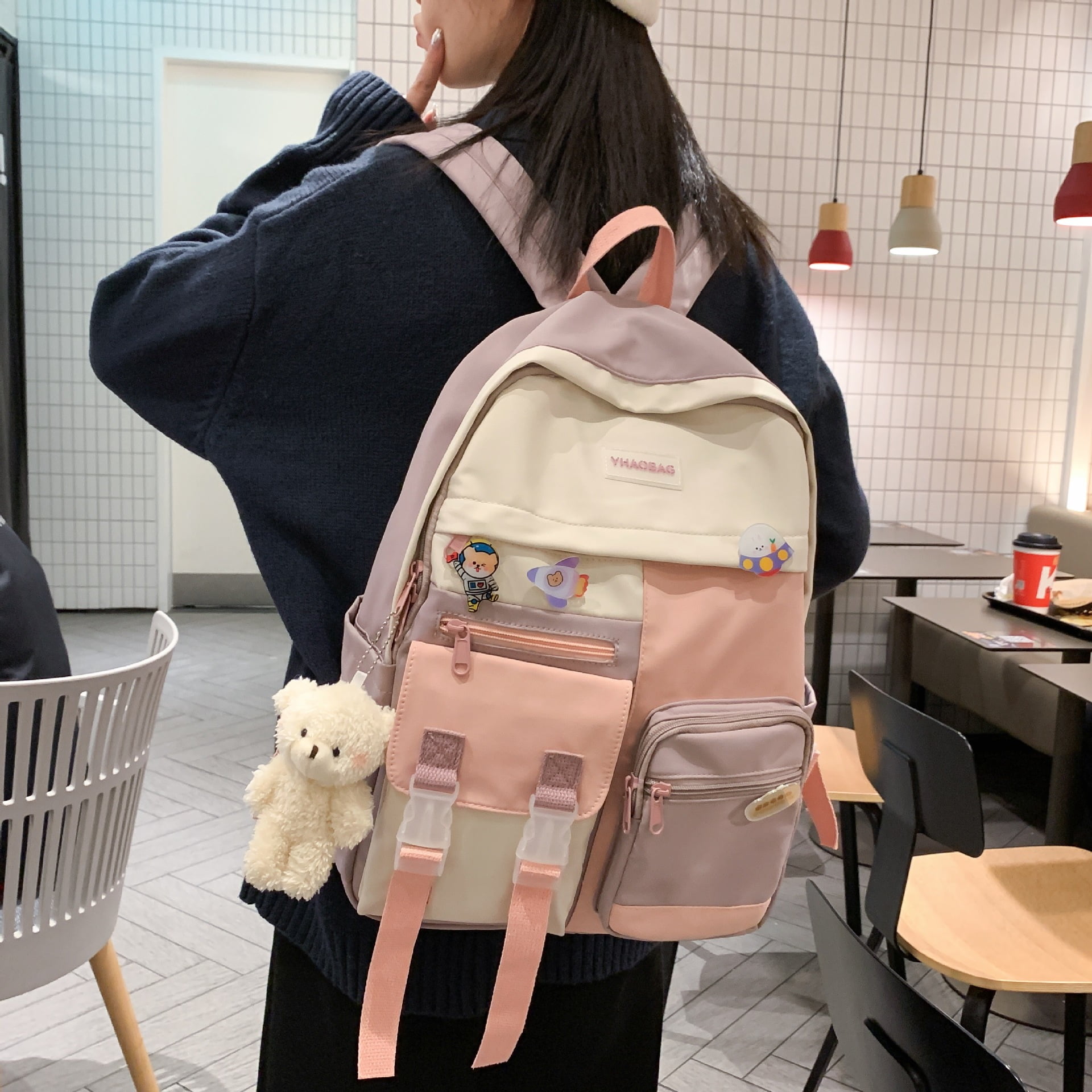 nipocaio Cute Canvas Kawaii Backpack with Pins 16 Pink Aesthetic Bag Fashion Shoulder Backpack with Hanging Bear Fancy College Bags Lightweight Travel Bag Blue And Pink Walmart