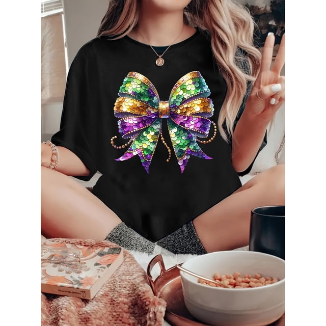 Women'S T-shirt, 'Sequin Bow Carnival' Print, Retro Minimalist Fashion, Crew Neck, Casual And Comfortable, Sporty Short-sleeved T-shirt