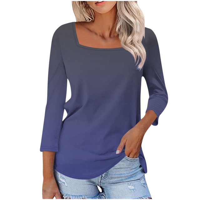 aidice T-Shirts Grande Taille pour Femmes Col Carré Manches 3/4 Confortables Dégradé de Couleur