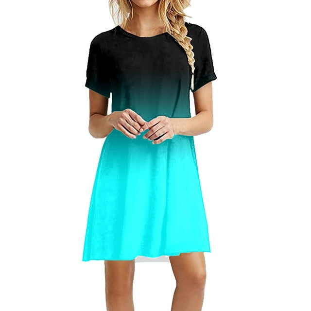 B91xZ Robe de Soirée pour Femmes Col Carré Manches Courtes Longueur Genou Fluide Robe d'Été, Bleu TG