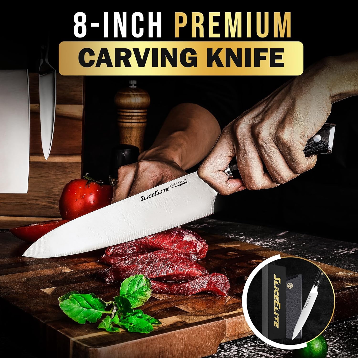 Slice Series 8-Inch Carving Knife - High Carbon German Steel Blade with Ergonomic Pakkawood Handle and Durable Polymer Sheath (Carving Knife with Leather Sheath)