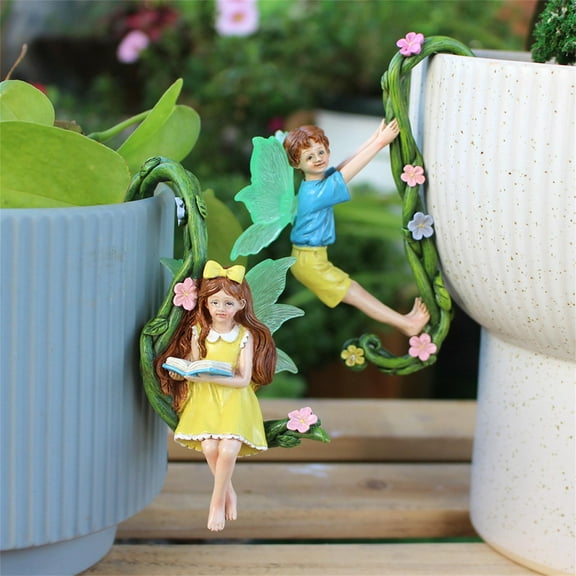2Pcs Garden Fairies Statue,Resin Reading Fairies Figurines,Whimsical Full Color Flower Pot Fairy Hugger Decorations, Fairy Boy and Girl Pot Buddy,Cute Spirit Pot Hugger Figurines