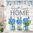 thumbnail image 2 of Farmhouse Blue Floral Shower Curtain, Rustic Hydrangea Eucalyptus Home Sweet Fabric Boho Flowers Shower Curtain Set, Vintage Country Wood Plank Floral Primitive Shower Curtain for Bathroom 72X72 Inch, 2 of 6