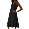 thumbnail image 5 of Yangnuo Women's Washed Wrinkle Cotton Linen Dress Ladies Crew Neck Sleeveless Casual Maxi Dress with Buttons & Side Pockets, Solid Loose Fit. Black L, 5 of 6