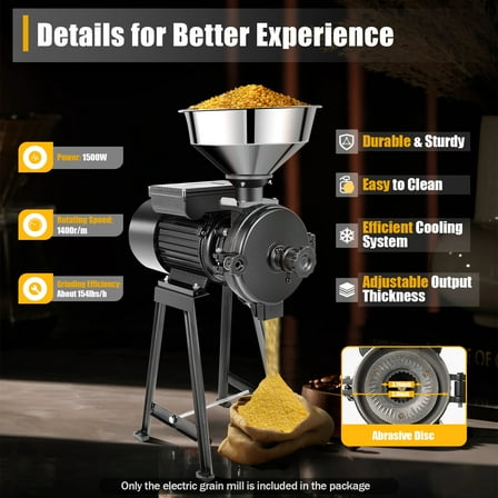 Heavy Duty Grain Grinder Machine - 1500W Stainless Steel Mill with 5.9" Disc, 154lbs/Hour Output for Home/Commercial Use