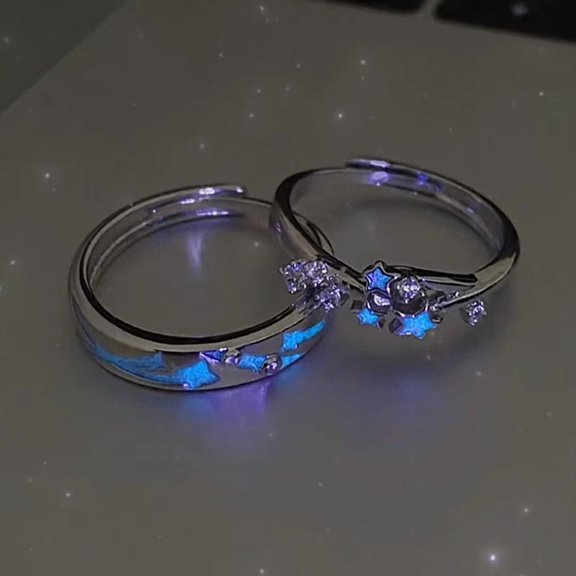 2Pcs/Set Luminous Star Adjustable Finger Ring Vintage Luxury Love Couples Rings Glow In Dark Y2K Jewelry Valentine's Day Gift (2Pcs/Set,Adjustable Rings)