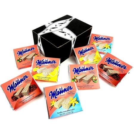 Manner Cream Filled Wafers 4-Flavor Variety: Two 2.5 oz Packages Each of Vanilla, Chocolate, Hazelnut, and Lemon in a BlackTie Box (8 Items