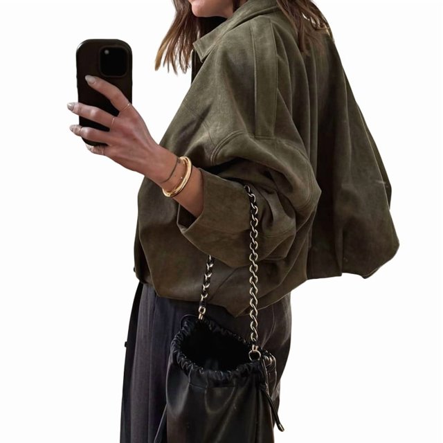 Veste en Faux Suède pour Femme, Manteau à Revers de Printemps, Décontracté, Ample, à Manches Longues, Style Mode de Rue, Vert Armée, G