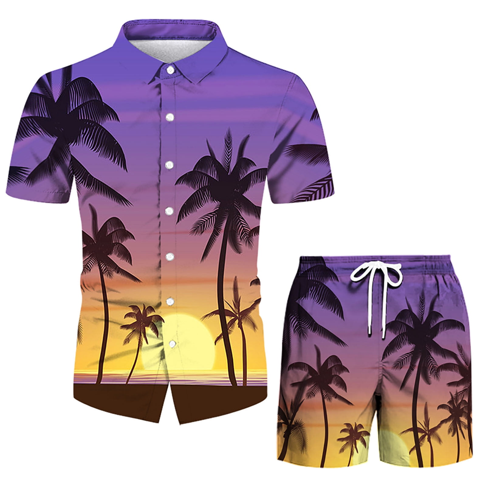 ZCFZJW Mens Casual Button Down Short Sleeve Shirt Set Hawaiian Tropical  Palm Tree Printed Shirts and Drawstring Shorts with Pockets 2 Piece Beach  