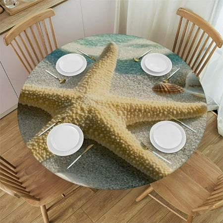 

PHYHOO Round Fitted Tablecloth with Elastic Edged Beach Starfish Shell Table Cover Polyester Washable Table Cloth for Indoor Outdoor Party Wedding Use 42 -46