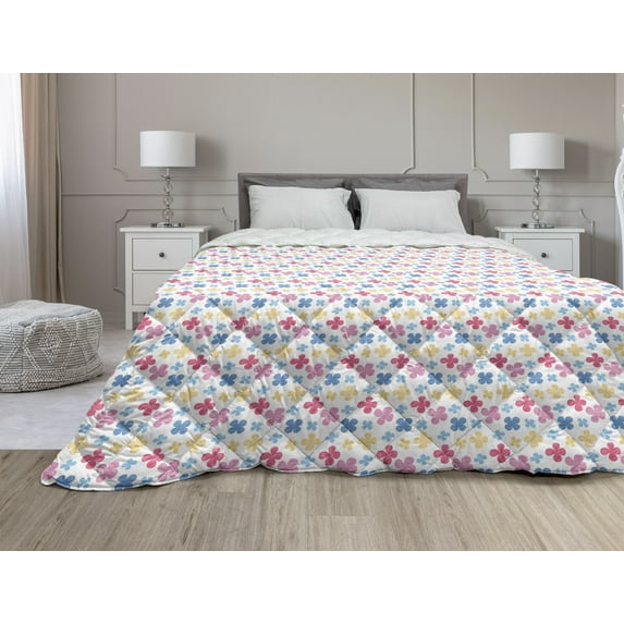 Eastern Down Alternative Comforter, Traditional Ornament with Little Blossoms Moroccan Oriental Culture Elements, Microfiber Quilt for All Season, 5 Sizes, Multicolor, by Ambesonne