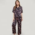 thumbnail image 2 of Women's Satin Button-Up Pajama Set with Short Sleeve Notch Collar Top and Wide Leg Pants in Ribbon Print - Small, Black, 2 of 7