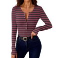thumbnail image 6 of ClodeEU Womens Button V Neck Striped Tshirt ,Long Sleeve Slim Fit T Shirts Casual Trendy Tops Wine,Womens Plus M, 6 of 8