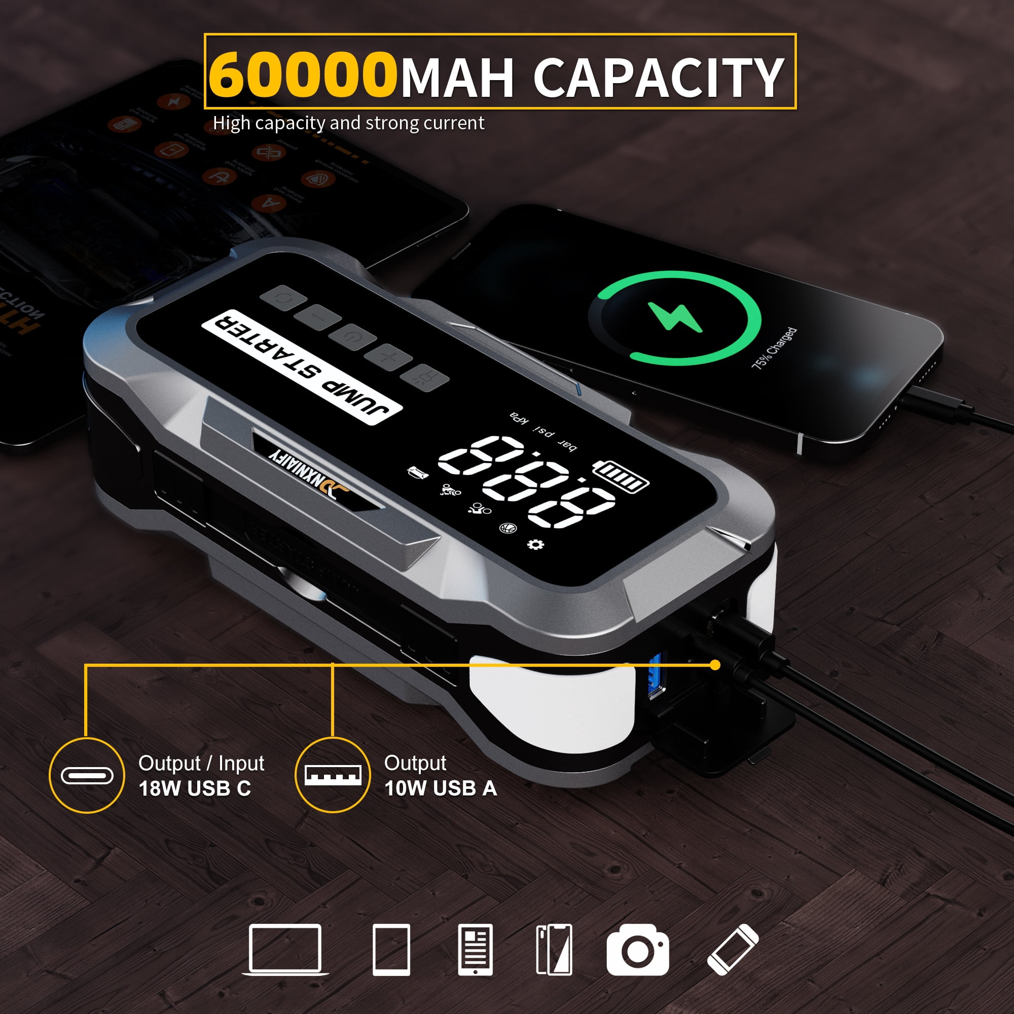 Jump Box Starter for Car,Portable Battery Jump Box Starter with Air Compressor,8000A Jump Starter with 60000MAH,12VBattery Booster Pack with 150PSI Digital Tire Inflator