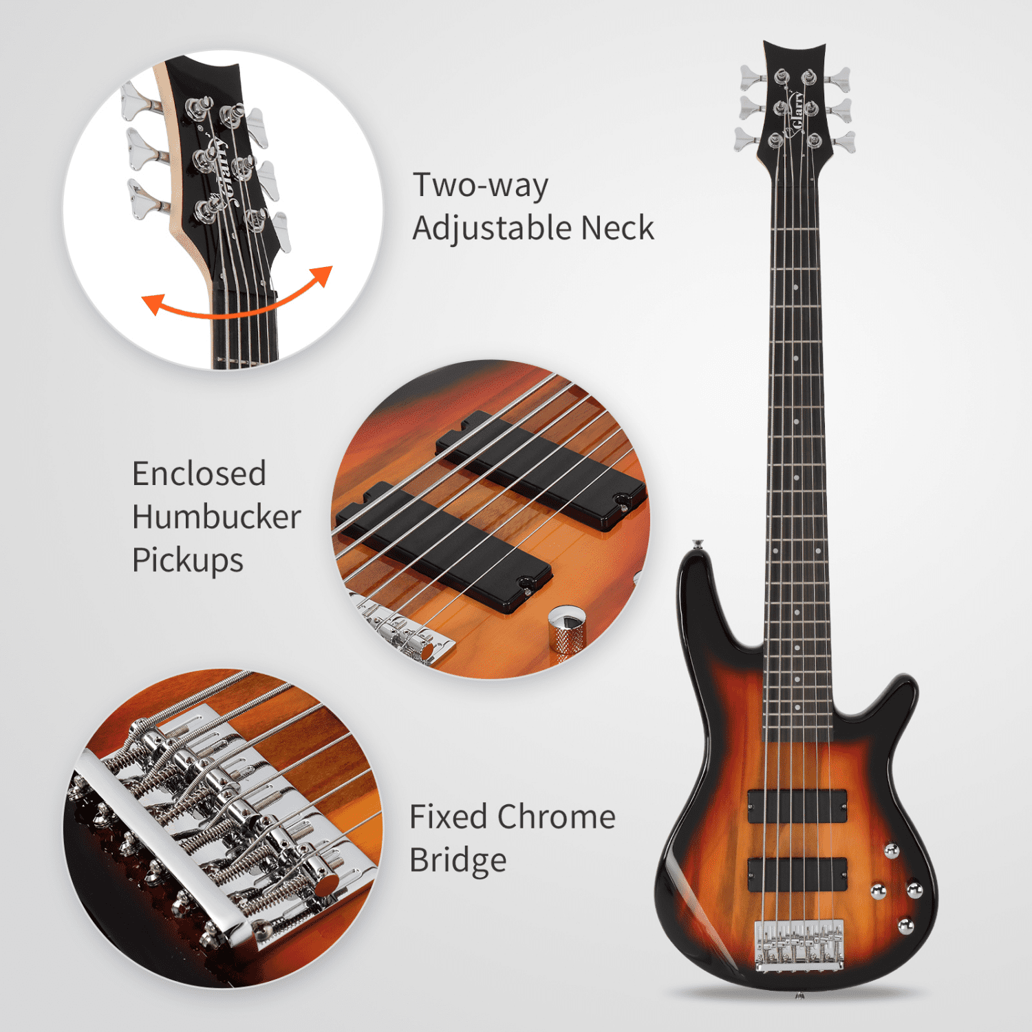 Hassch Electric Bass Guitar, 6 String Beginner Kit with Bag, Strap and Other Accessories, Sunset Color