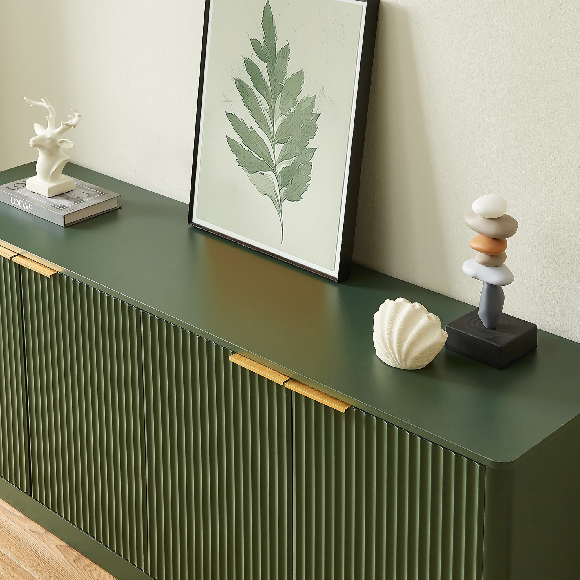 59" Modern Wavy Sideboard Cabinet, Curved 4-Door Storage Cabinet, TV Stand Buffet Cabinet for Living Room Bedroom Kitchen, Green