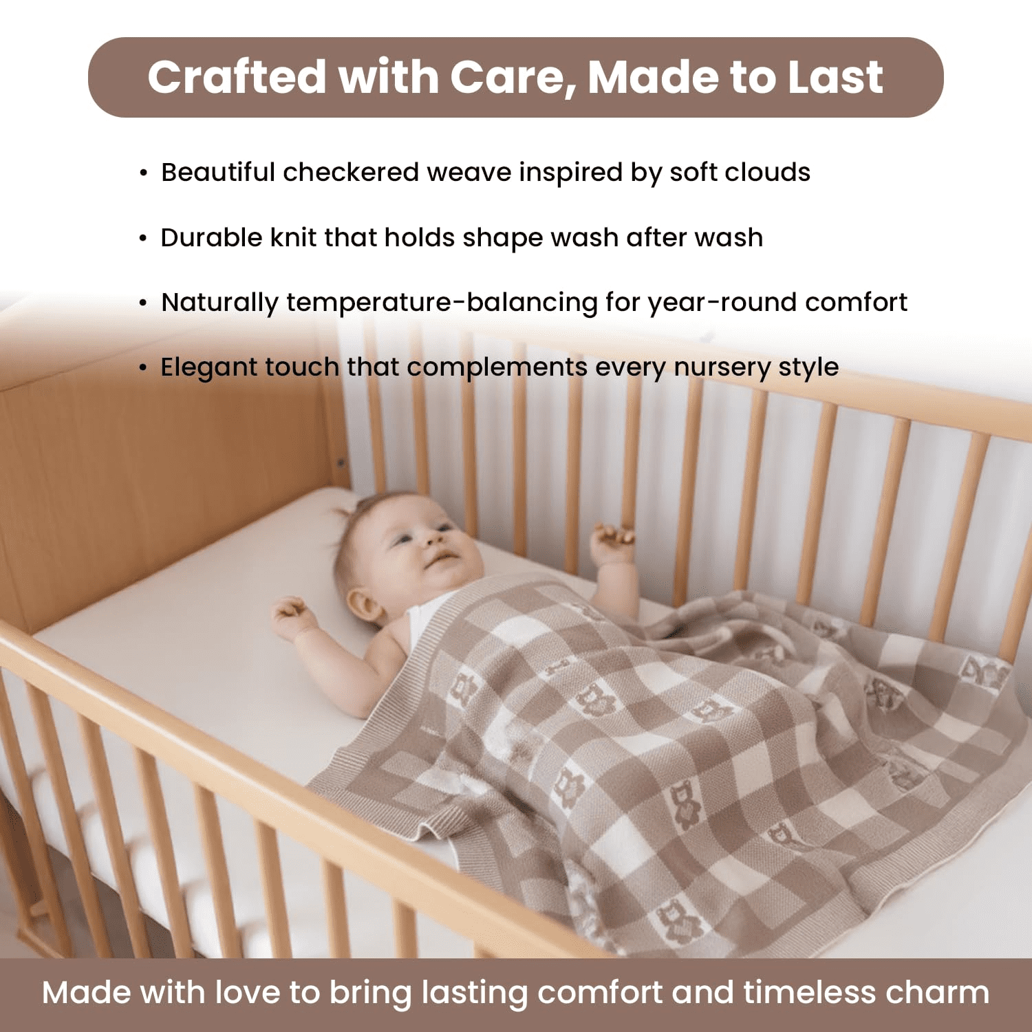 Gender-Neutral Checkered Baby Blanket 30x40 Inches, Mocha Teddy Bear – 100% Organic GOTS Certified Cotton, Soft and Lightweight, Perfect for Swaddling