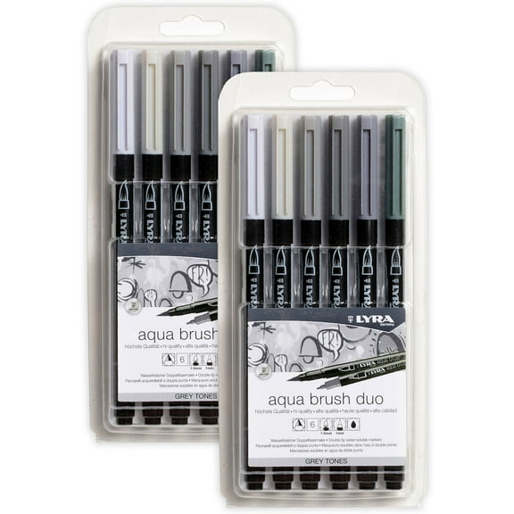 Lyra Aqua Brush Duo Dual Tip Markers, Gray Tones Set, Assorted Colors, 6 Piece, 2 Pack