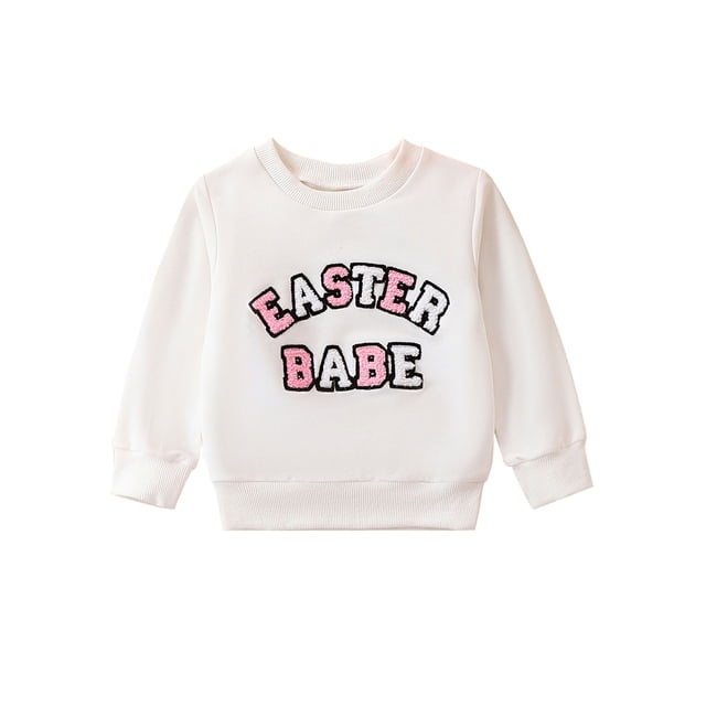 Diconna Infant Baby Easter Sweatshirt Fuzzy Letter Rmbroidery Long Sleeve Round Neck Pullover Loose Tops