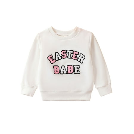 

Qtinghua Newborn Infant Baby Girl Boy Easter Sweatshirt Fuzzy Letter Rmbroidery Long Sleeve Pullover Tops White 6-9 Months