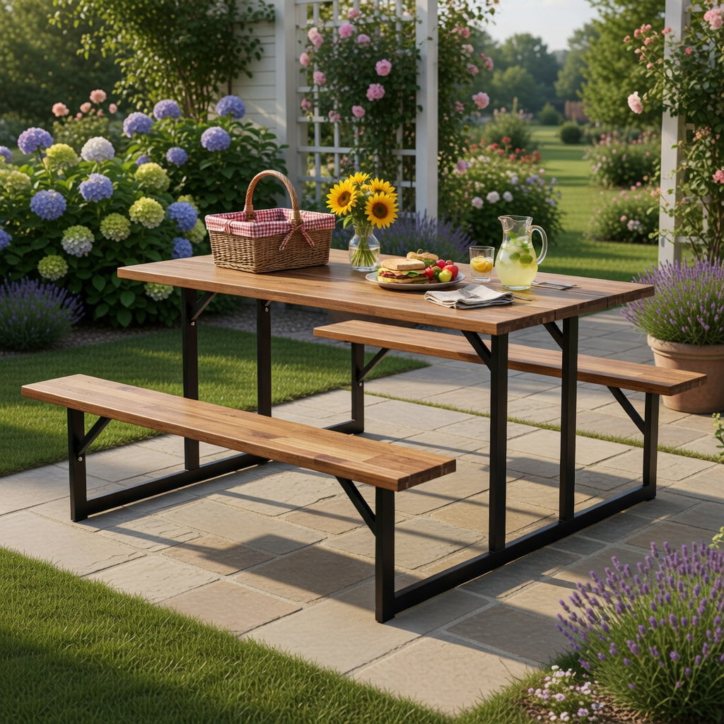 Hommoo 6-Person Acacia Wood Outdoor Picnic Table Set with Built-In Benches, Heavy-Duty Metal Frame, Umbrella Hole, Deck & Patio Ready, Brown & Black