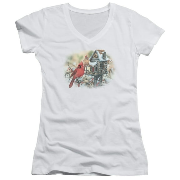 Wildlife Cardinals Rustic Retreat Junior Women's T-Shirt V-Neck T-Shirt White