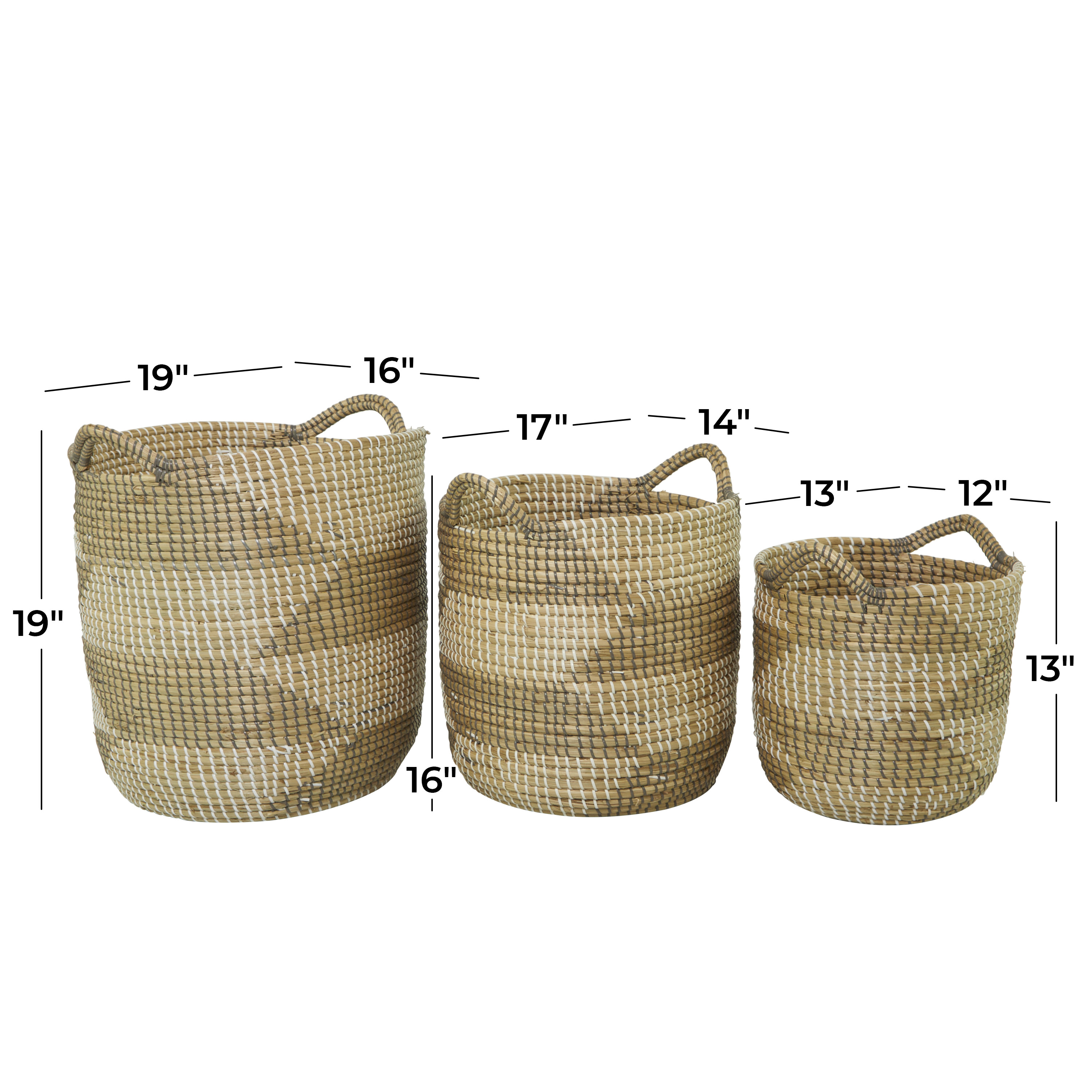 CosmoLiving by Cosmopolitan 19", 16", 13"H Brown Seagrass Handmade Two Toned Storage Basket with Handles, 3-Pieces