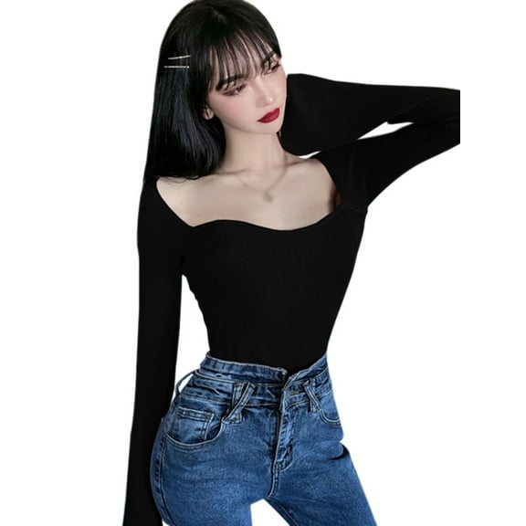 Ochine Women Knit Shirts Square Neck Long Sleeves Blouse Causal Sexy Tank Tops Fashion Vintage Summer Sweater Fitted Tee Shirt, Average Size