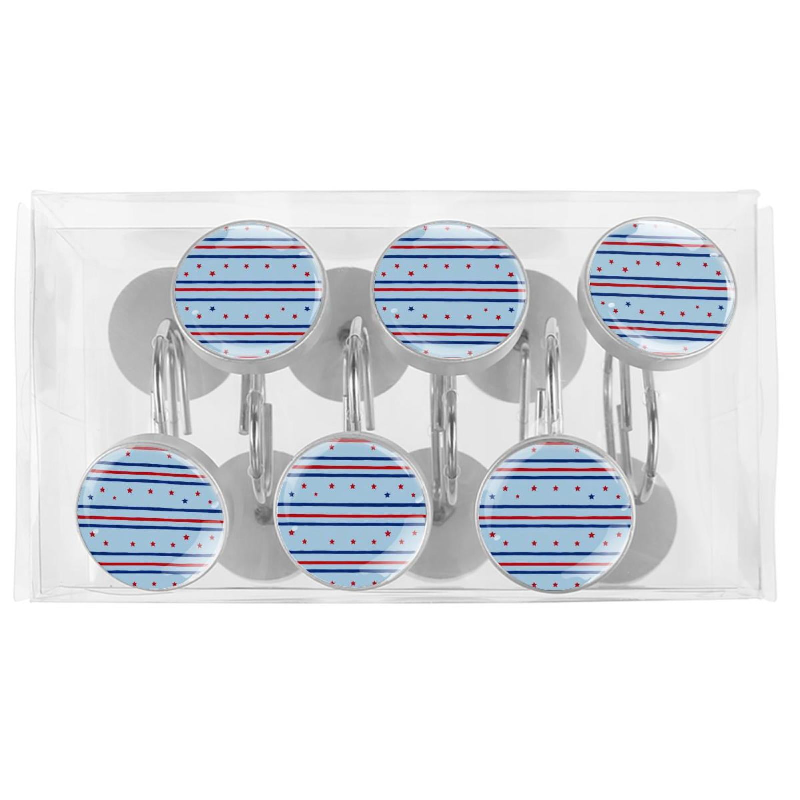 12pcs Decorative Shower Curtain Hooks, Rust Resistant Shower Rings for Bathroom Living Room,Rustproof Stainless Steel Rings for Shower Curtain and Liner Rods,4th of July Stars Line