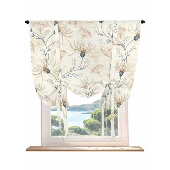 Beige Flowers Tie Up Curtains for Windows 45 Inch Length Balloon Curtains Kitchen Adjustable Balloon Window Shade Watercolor Farmhouse Botanical Floral Tie Up Valance Bathroom Curtain Window 42"x45"