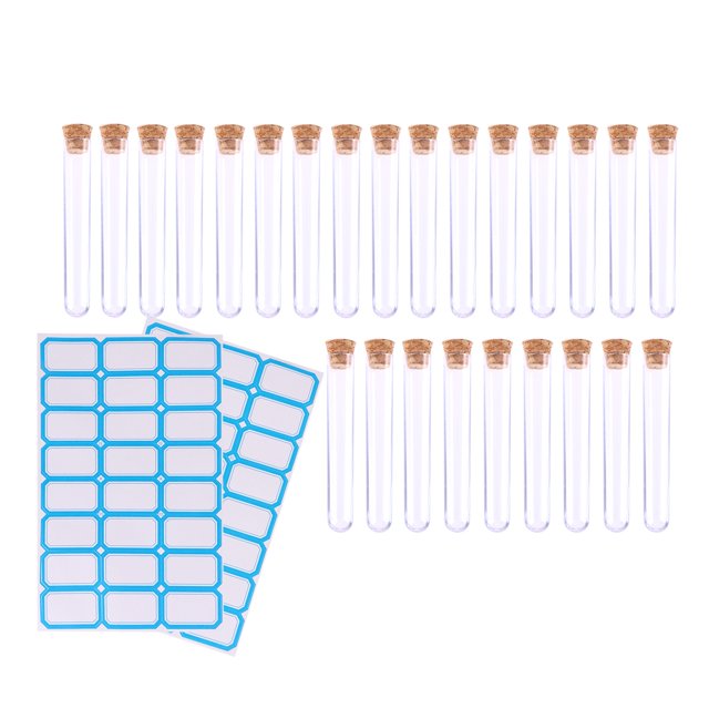 EeaseCA 50pcs 1.2x7.5cm Plastic Clear Test Tubes with Cork Stoppers and Brush for Scientific Experiments Powder Liquid Storage (50pcs with 2pcs Stickers of 24 Labels)
