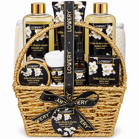 Lovery Christmas Gift Basket for Women, Orchid & Jasmine Spa Gift Set with Towel, 9 Piece