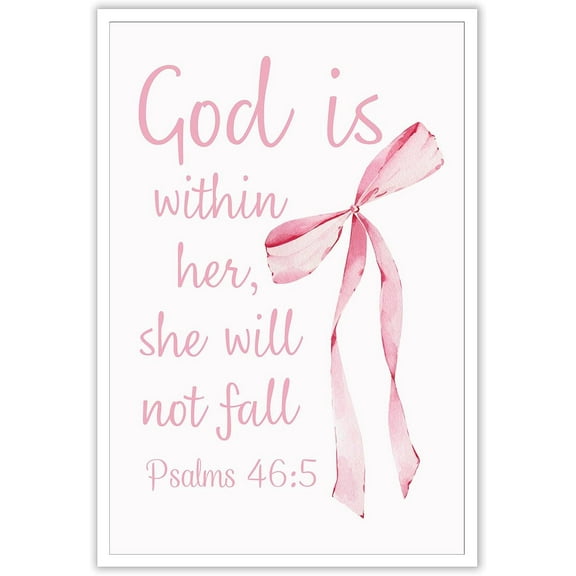 Pink Bow Christian Canvas Wall Art God Is In Her Heart, She Will Not Fall Art Poster Girls College Style Room Decoration For Home Bedroom Dorm Wall 8x12in Unframed