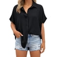 thumbnail image 3 of Horkkom Button Down Shirts for Women Summer Solid Color Short Sleeve Tops Collared Loose Casual Tops Slit Side L, 3 of 8