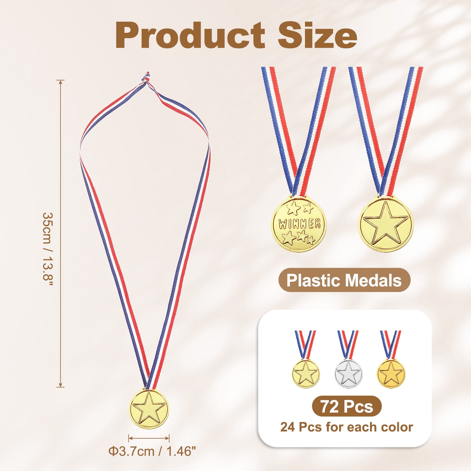 Uxcell Award Medals, 72 Pcs Gold Silver Bronze Plastic Award Medals Printed with Star Patterns  with Lanyards for Teen Sports, Games, Competitions, Party Favors Decorations