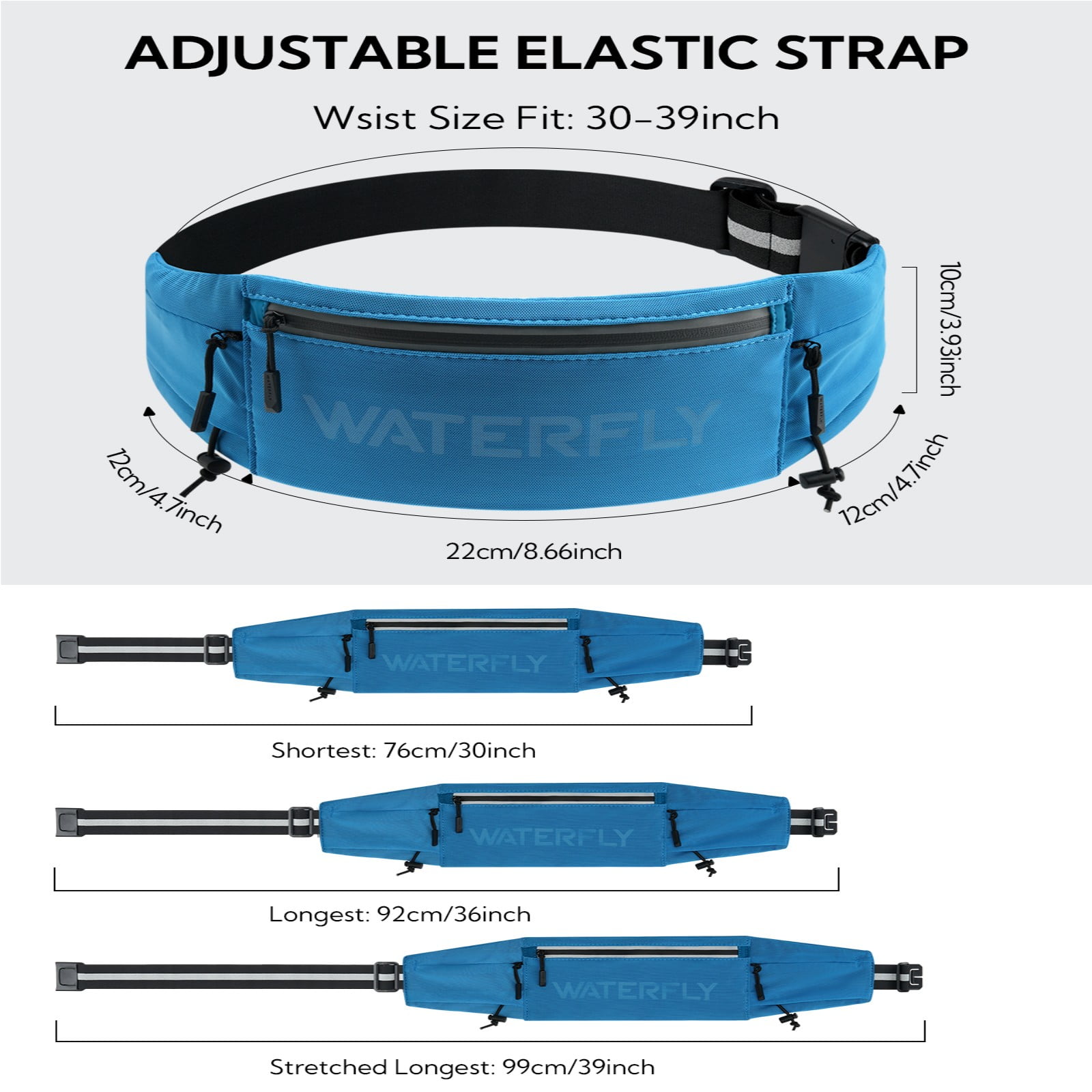 WATERFLY Unisex Adjustable Sports Jogging Fitness Nylon Running Waist Belt Elastic Band,Blue