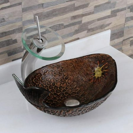 Elite Atlantic Whale F22t Pattern Tempered Glass Bathroom Vessel Sink And Waterfall Faucet Combo