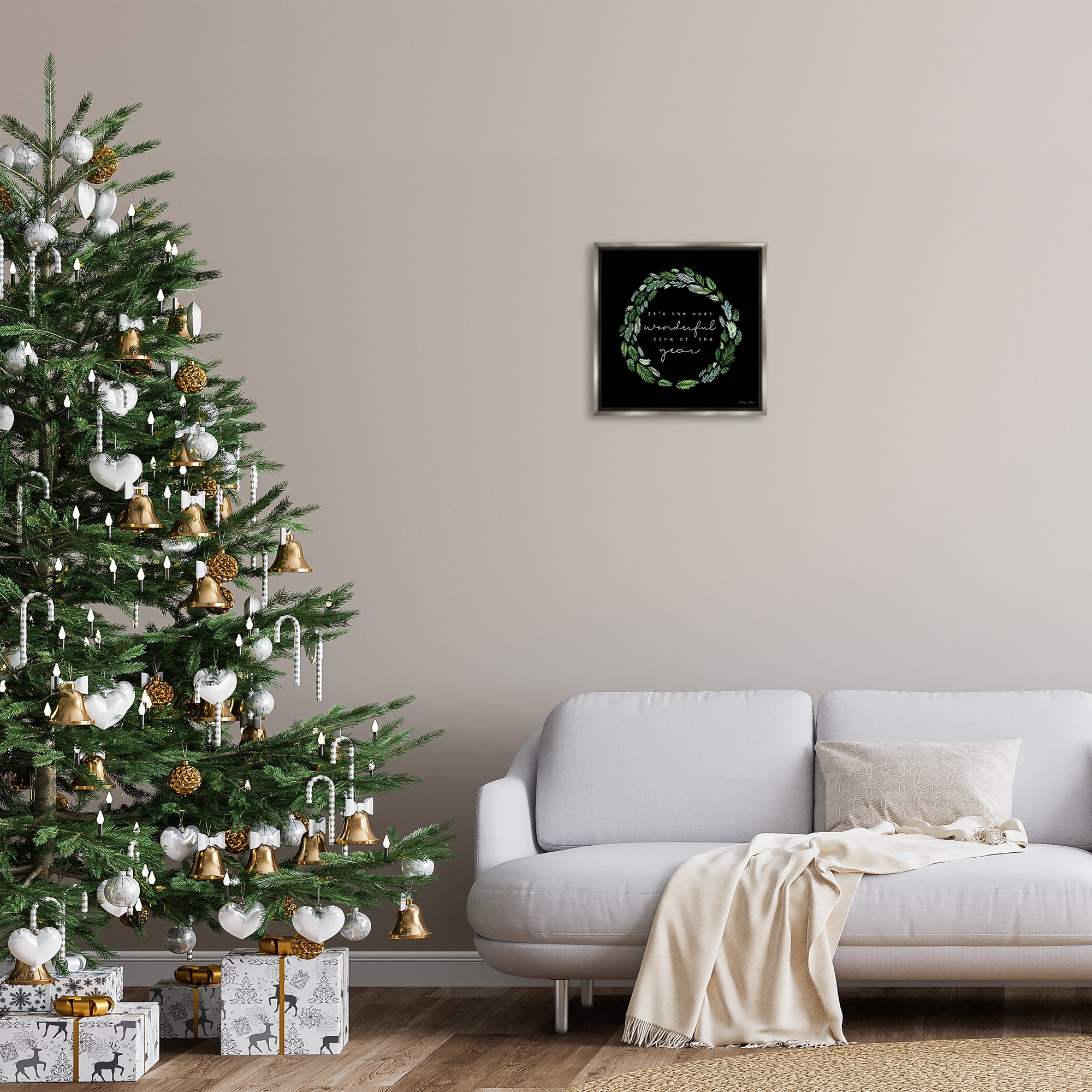 Stupell Industries Minimal Holiday Wreath Holiday Painting Gray Floater Framed Canvas Art Prints Wall Art, 18 x 18