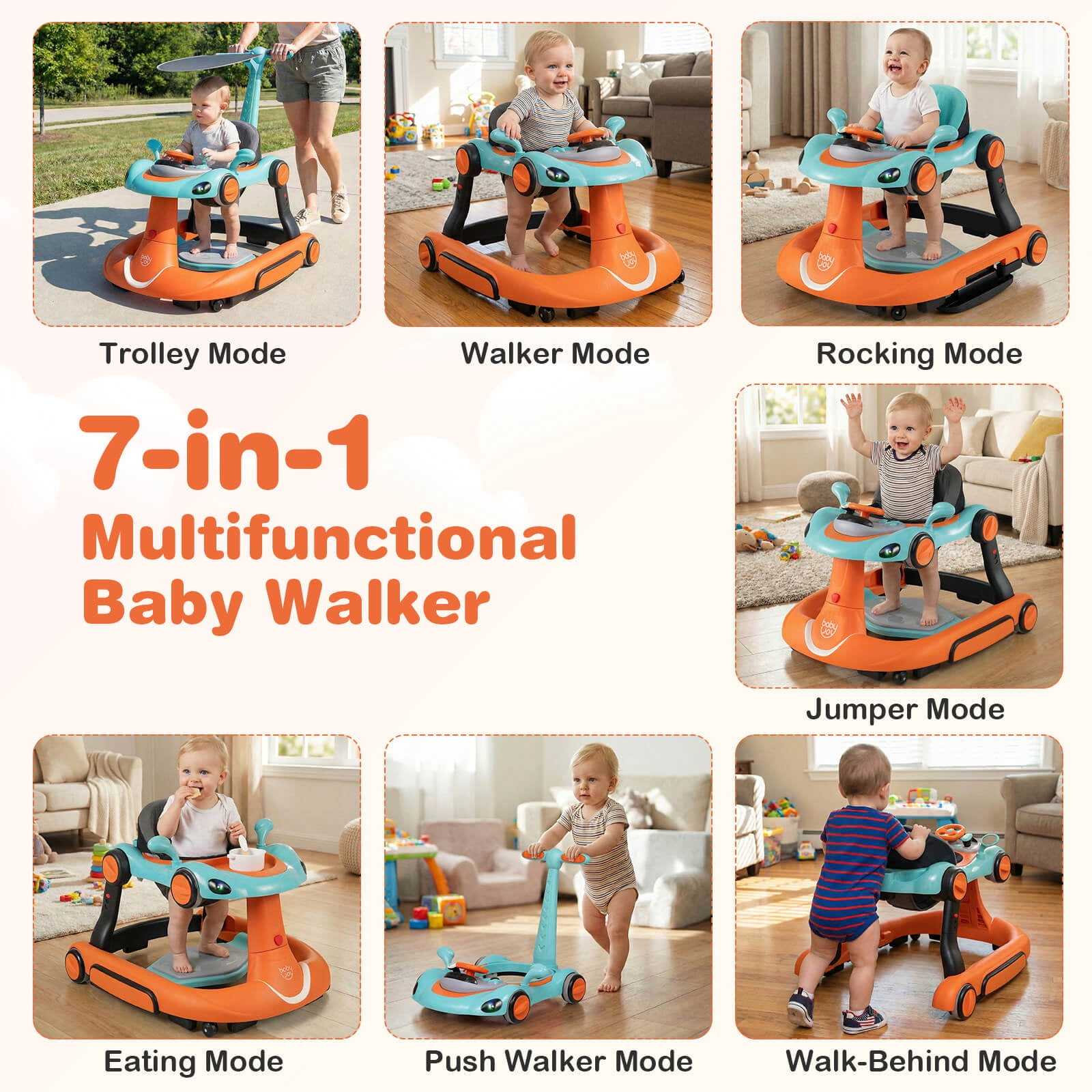 Babyjoy 6-in-1 Baby Walker with Canopy, Music, Lights, Speed/Height Adjustment & Wheels Green + Orange