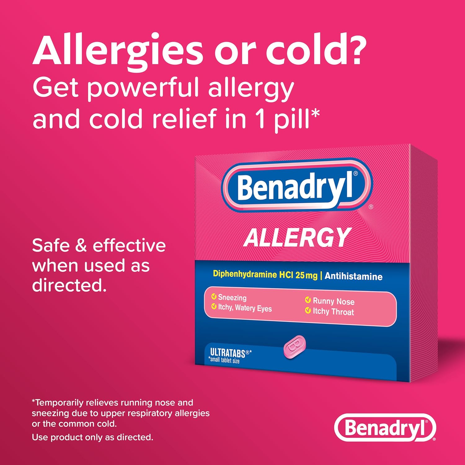 Benadryl Allergy Ultratabs Diphenhydramine HCl 25 mg Antihistamine Tablets, 100 Count - image 2 of 8