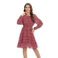 thumbnail image 2 of Xmarks Women's Floral Print Long Sleeve Mini Dress Crewneck Smocked High Waist A -Line Swing Flowy Short Dress with Belt Red US 12, 2 of 7