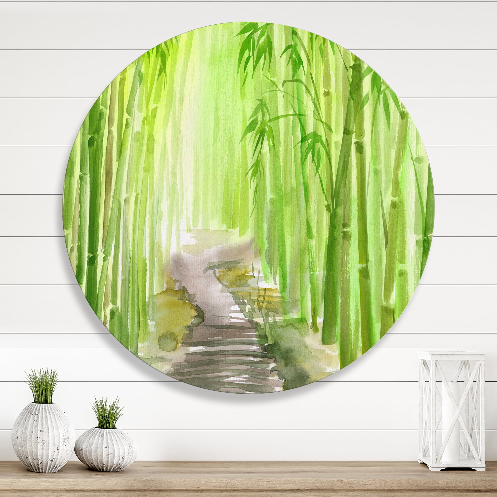 Designart 'Path in Green Bamboo Forest' Traditional Circle Metal Wall Art 23x23 - Disc of 23