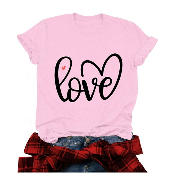 Penkiiy Womens Valentines Day Shirts Print Graphic Tees Cute Love Heart Shirts Casual Short Sleeve M Pink